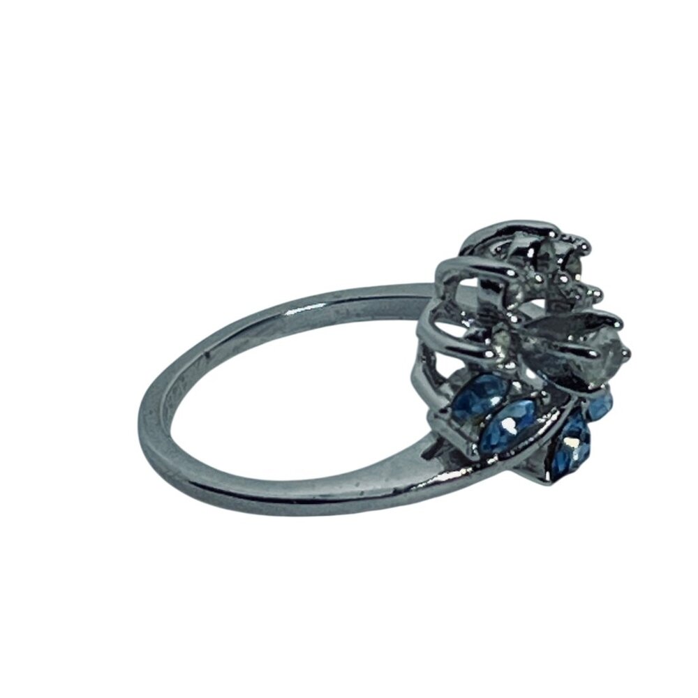 Vintage Silver Tone With Blue and Clear Rhinestone Statement Ring (R386) - Picture 7 of 7